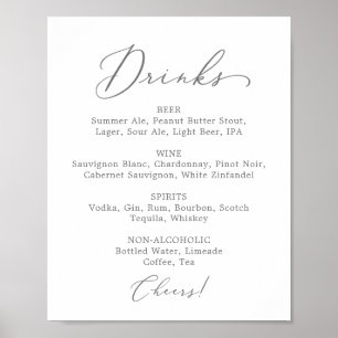 Delicate Silver Wedding Drink Menu Sign Poster