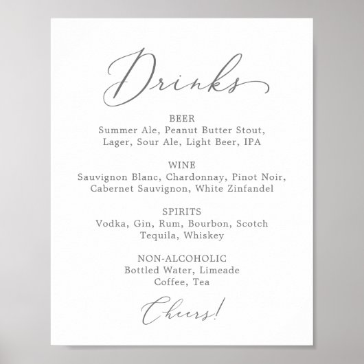 Delicate Silver Wedding Drink Menu Sign Poster (Voorkant)