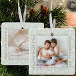 Delicate Snowflake Photo Lijst Baby Birth Stats Keramisch Ornament<br><div class="desc">De geboorte van baby begint met het ornament van een foto met fijne witte sneeuwvlokken op een zachte groene achtergrond. Het fotomalplaatje is klaar voor u om uw foto van de baby toe te voegen, die met uw pasgeboren geboortestaten wordt opgesteld. U kunt de zelfde foto of een verschillend afbeelding...</div>