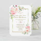 Delicate Spring Blush Flowers Gold Lijst Wedding Kaart (Staand voorkant)