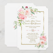 Delicate Spring Blush Flowers Gold Lijst Wedding Kaart (Voorkant / Achterkant)