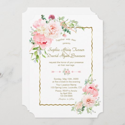 Delicate Spring Blush Flowers Gold Lijst Wedding Kaart (Voorkant / Achterkant)