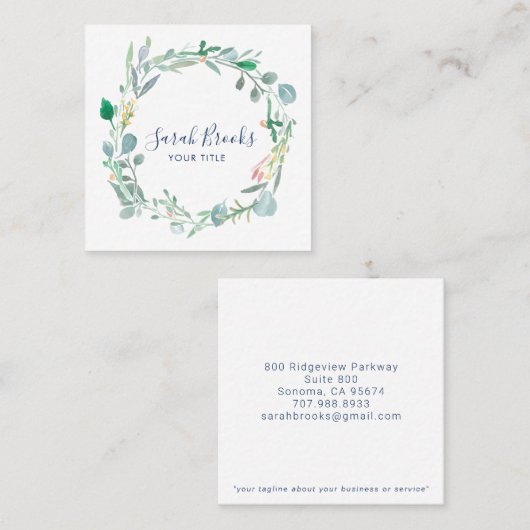 Delicate Spring Floral Wreath Monogram Vierkante Visitekaartje (Voorkant / Achterkant)