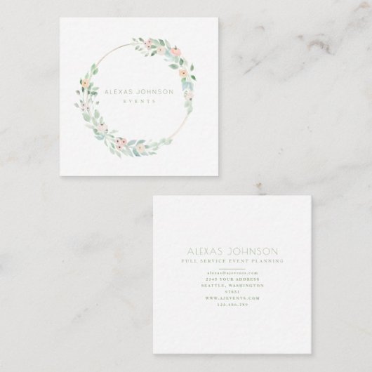 Delicate Spring floral Wreath roze en Green Vierkante Visitekaartje (Voorkant / Achterkant)