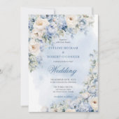 Delicate stoffige blauw-witte bloemen salie bruilo kaart (Voorkant)