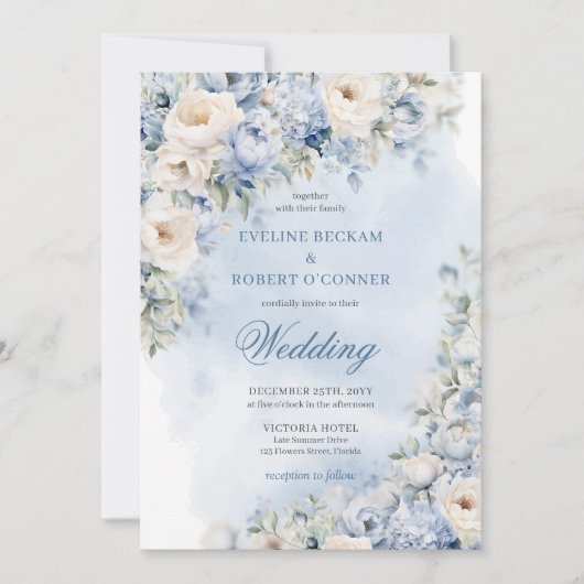 Delicate stoffige blauw-witte bloemen salie bruilo kaart (Voorkant)