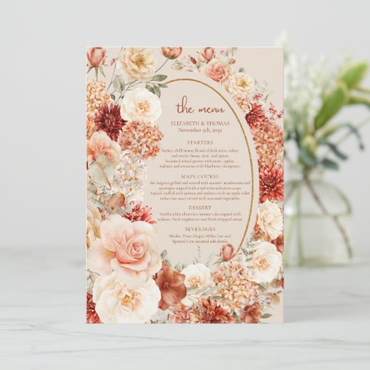 Delicate terracotta blush tan sage bloemenmenu menu (Staand voorkant)