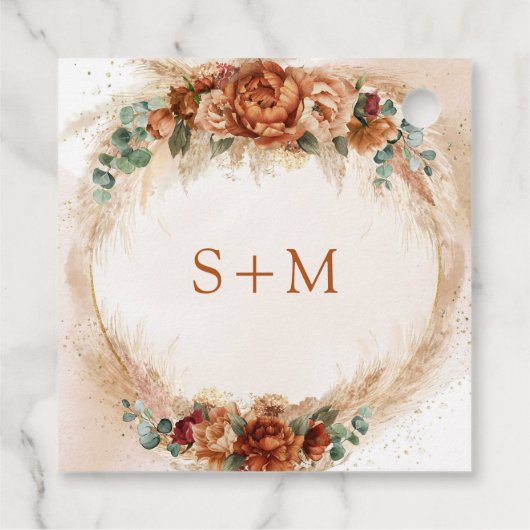 Delicate terracotta bordeauxrode salie bloemeninit bedankjes labels (Achterkant)