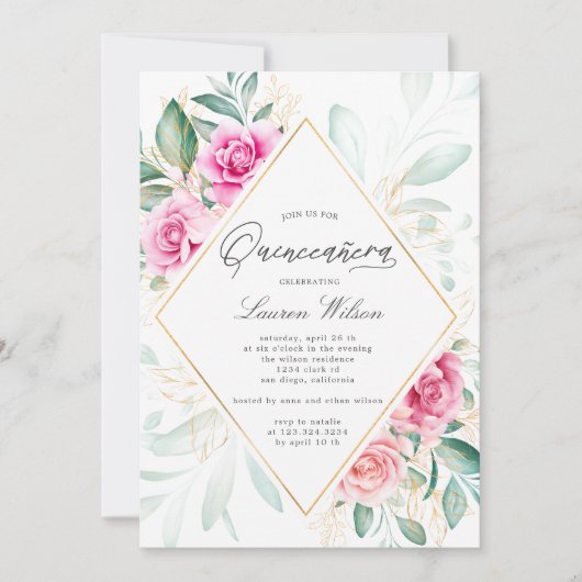 delicate tuin bloemen roze rozen Quinceanera Kaart (Voorkant)
