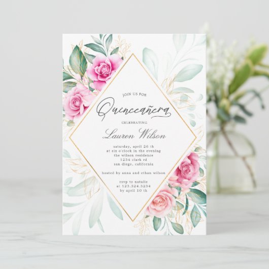 delicate tuin bloemen roze rozen Quinceanera Kaart (Staand voorkant)