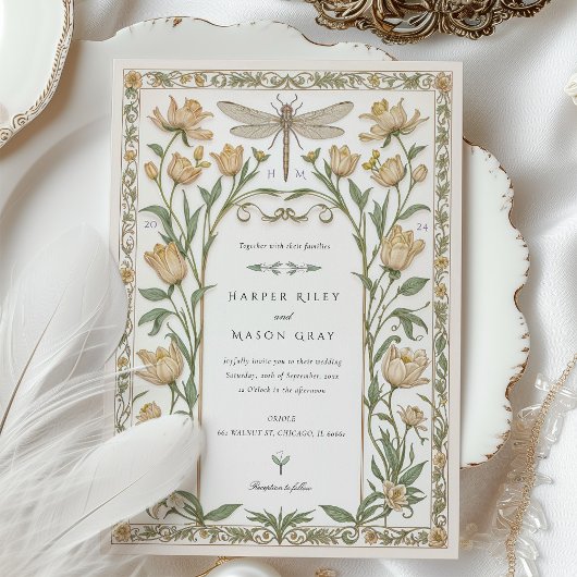 Delicate Tulips Nouveau Wedding Dragonfly Floral Kaart