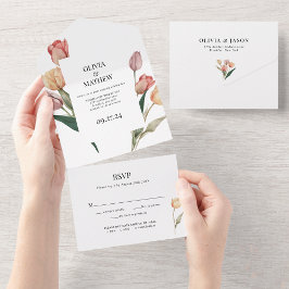 Delicate Tulp Waterverf Bruiloft Menu Keuze RSVP All In One Uitnodiging