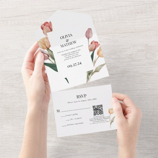 Delicate Tulp Waterverf Bruiloft QR Code RSVP All In One Uitnodiging (Afscheurbaar)