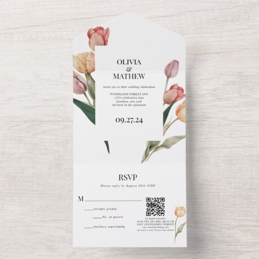 Delicate Tulp Waterverf Bruiloft QR Code RSVP All In One Uitnodiging (Binnen)
