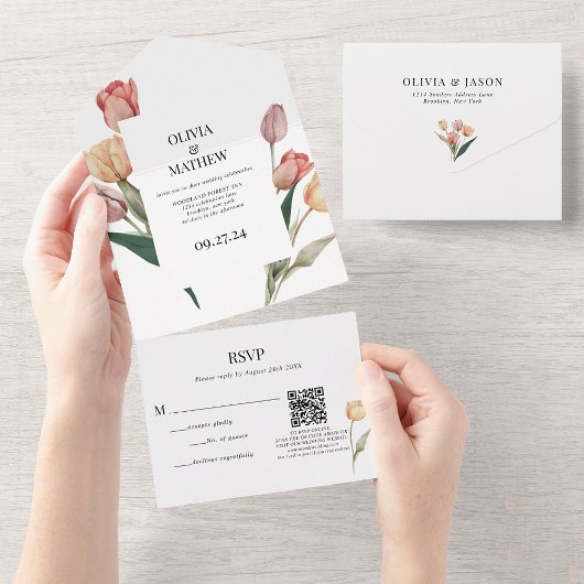 Delicate Tulp Waterverf Bruiloft QR Code RSVP All In One Uitnodiging