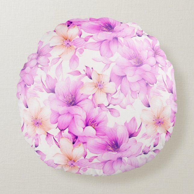 Delicate Watercolor Roze Bloemen Rond Kussen (Voorkant)