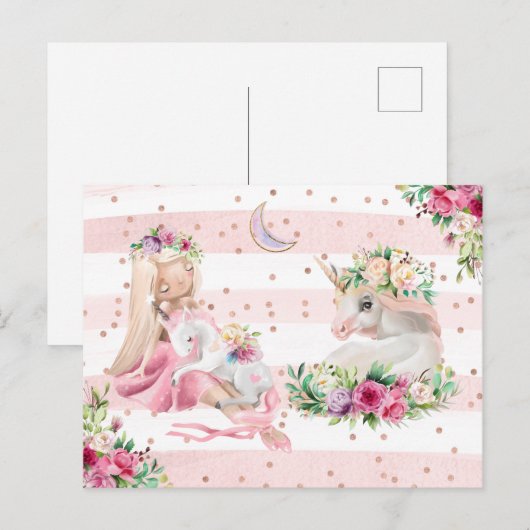 Delicate Waterverf Ballerina en Unicorn Briefkaart (Voorkant / Achterkant)