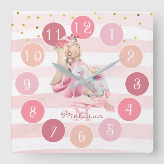 Delicate Waterverf Ballerina en Unicorn Monogram Vierkante Klok (Voorkant)