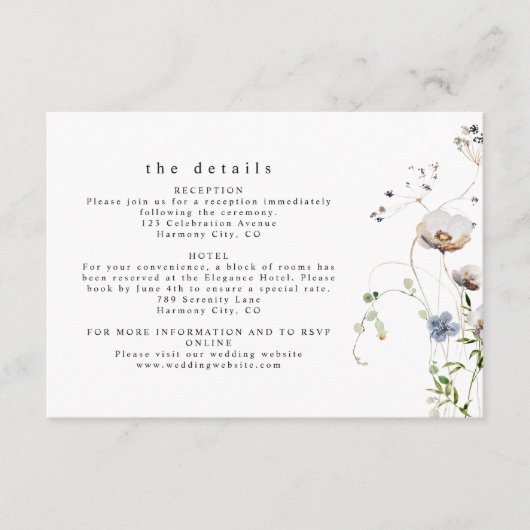 Delicate Waterverf Bloemen bruiloft Details Informatiekaartje (Voorkant)