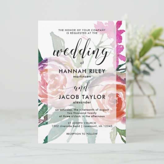 Delicate Waterverf Bloemen met Overlay Wedding Kaart (Staand voorkant)