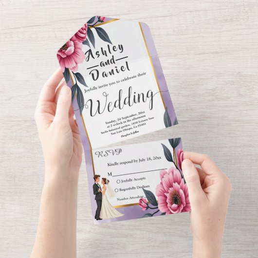 Delicate Waterverf Bloemenbruid en bruidegom bruil All In One Uitnodiging (Afscheurbaar)