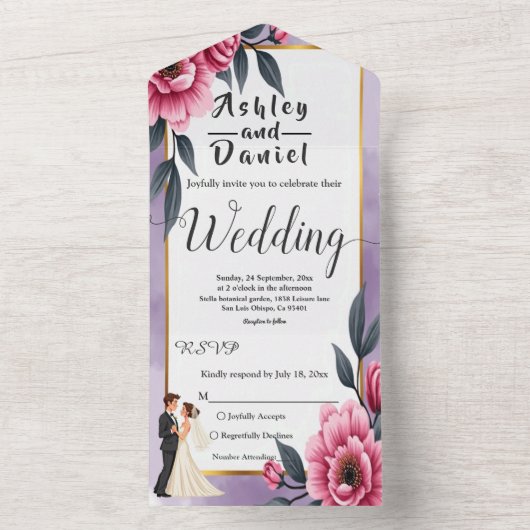 Delicate Waterverf Bloemenbruid en bruidegom bruil All In One Uitnodiging (Binnen)