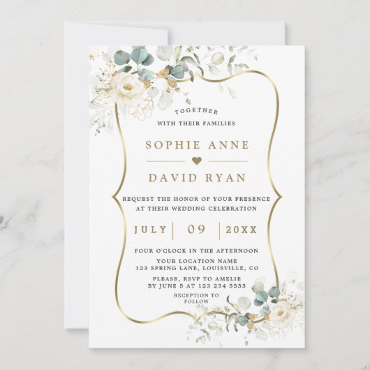 Delicate Waterverf Bloemige Bladeren Gouden Bruilo Kaart (Voorkant)