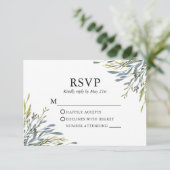 Delicate Waterverf Greenery Dusty Blue Wedding RSVP Kaartje (Staand voorkant)