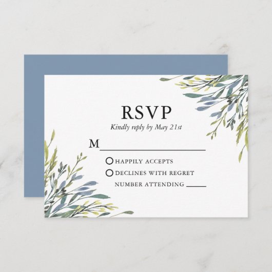 Delicate Waterverf Greenery Dusty Blue Wedding RSVP Kaartje (Voorkant / Achterkant)