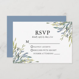 Delicate Waterverf Greenery Dusty Blue Wedding RSVP Kaartje