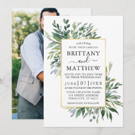 Delicate Waterverf Greenery Foto Gold Wedding Kaart