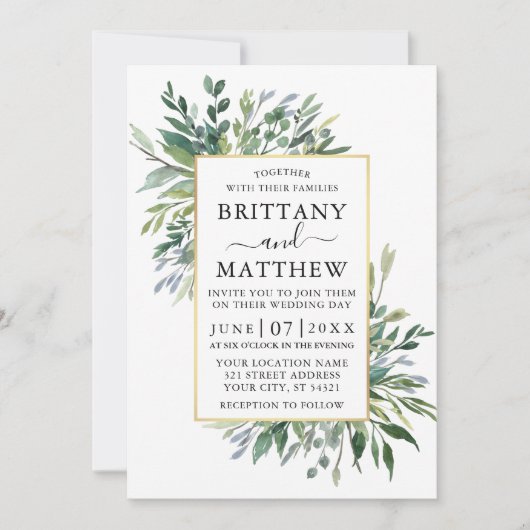 Delicate Waterverf Greenery Gold Wedding Kaart (Voorkant)