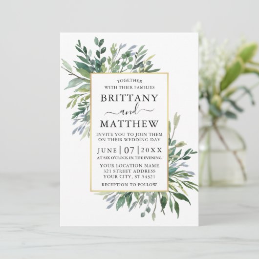 Delicate Waterverf Greenery Gold Wedding Kaart (Staand voorkant)