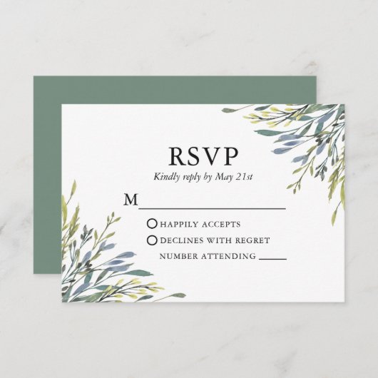 Delicate Waterverf Greenery Sage Green Wedding RSVP Kaartje (Voorkant / Achterkant)