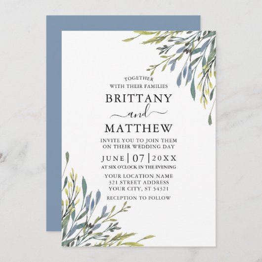 Delicate Waterverf Greenery Wedding Dusty Blue Kaart (Voorkant / Achterkant)