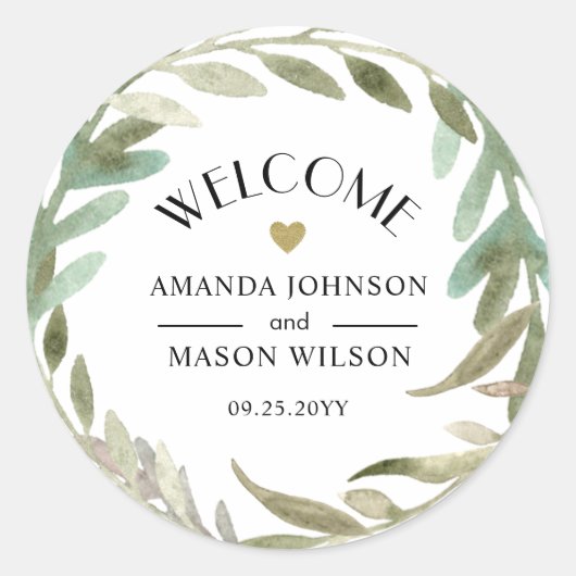 Delicate Waterverf Greenery Wedding Welkom Ronde Sticker (Voorkant)
