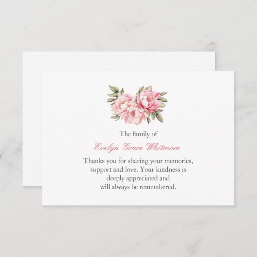 Delicate Waterverf Pink Peony begrafenis bedankt (Voorkant / Achterkant)