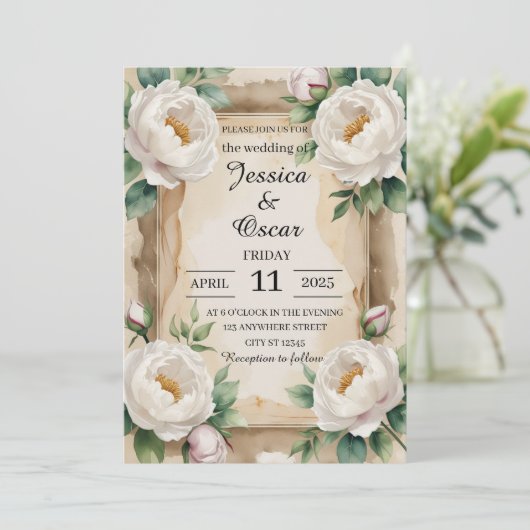 Delicate Waterverf pioen Rozen bruiloft Kaart (Staand voorkant)