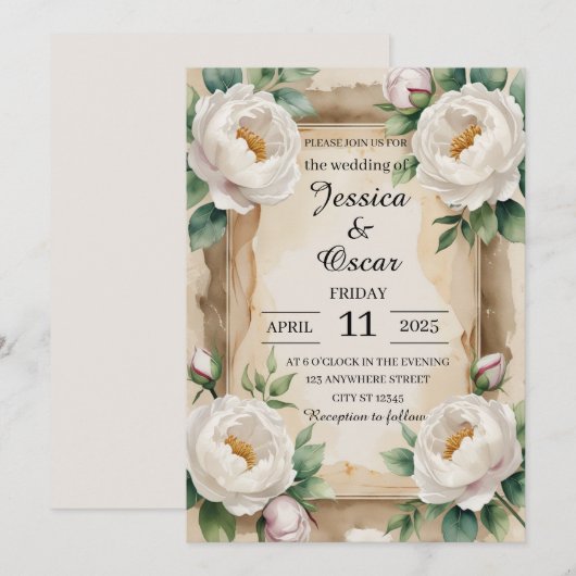 Delicate Waterverf pioen Rozen bruiloft Kaart (Voorkant / Achterkant)
