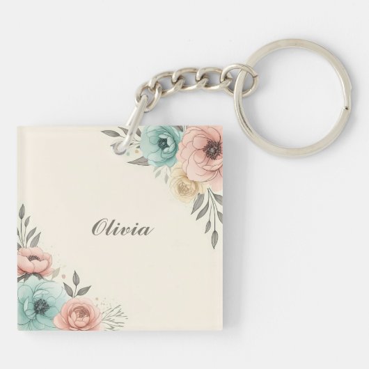 Delicate Waterverf Sketchy Flowers Sleutelhanger (Achterkant)