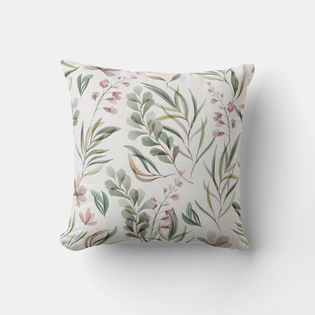 Delicate Waterverf Wildbloemen Bloemen Roze Groen Kussen (Voorkant)