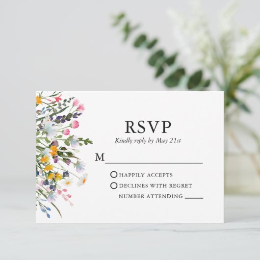 Delicate Waterverf Wildbloemen Bruiloft Roze Blush RSVP Kaartje (Staand voorkant)