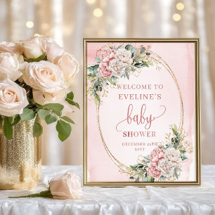 Delicate Welkom Stof Roze Bloemige Baby Shower Poster