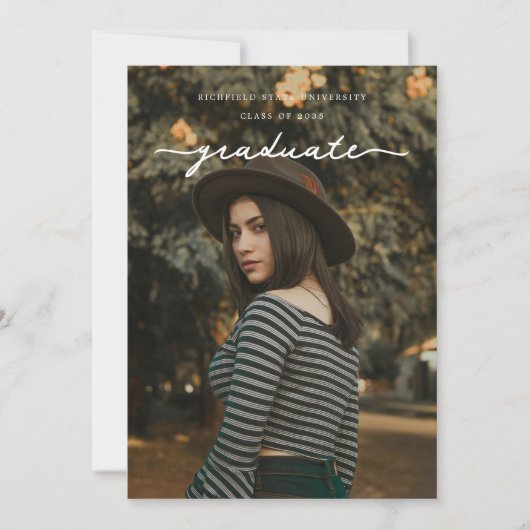 Delicate White Afstuderen Script Photo Afstuderen Aankondiging (Voorkant)