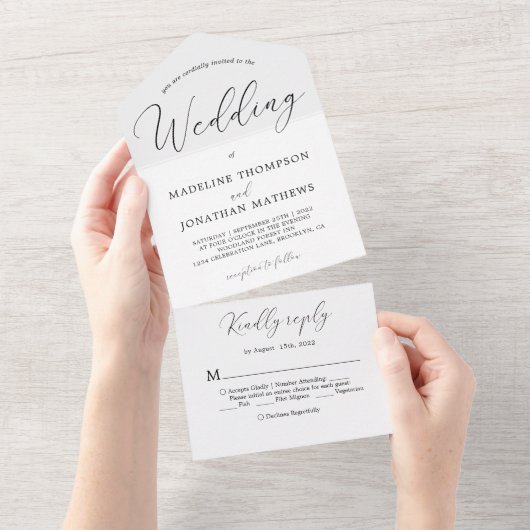 Delicate White Black Minimal Calligraphy Wedding All In One Uitnodiging (Afscheurbaar)