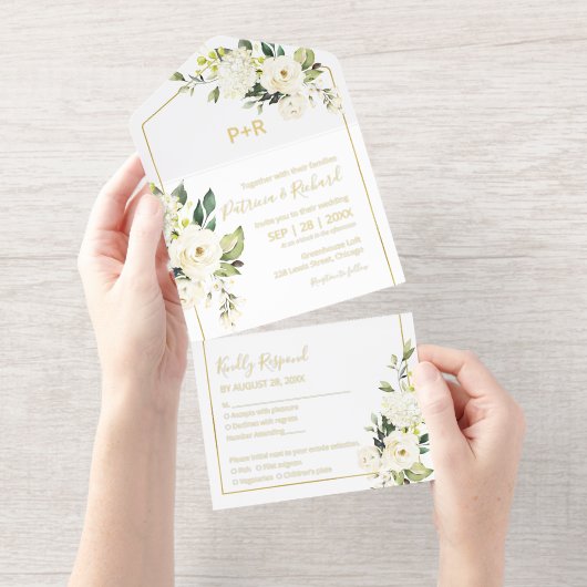 Delicate White Cream Floral Elegant Wedding All In One Uitnodiging (Uittrekbaar)