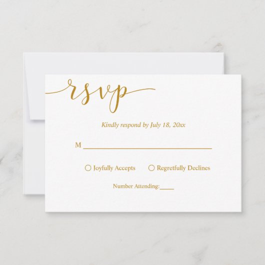 Delicate White en Gold Script Eenvoudige bruiloft RSVP Kaartje (Voorkant)