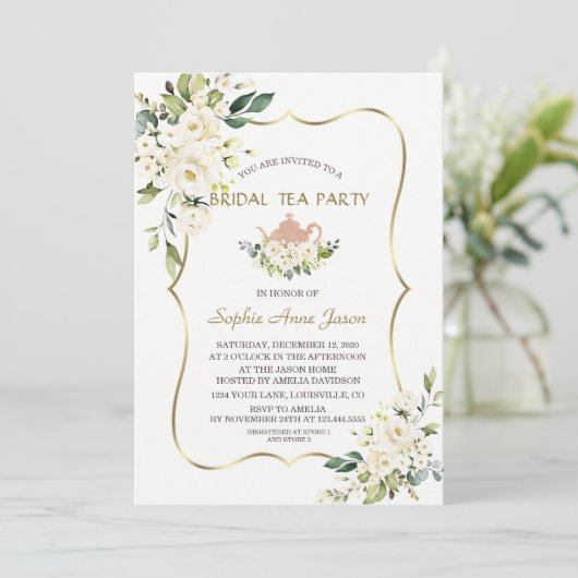 Delicate White Flowers Gold Bridal Tea Party Kaart (Staand voorkant)