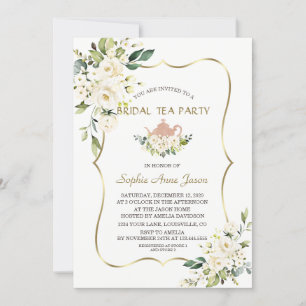 Delicate White Flowers Gold Bridal Tea Party Kaart
