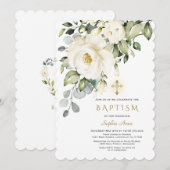 Delicate White Flowers Gold Cross Girl Baptisme Kaart (Voorkant / Achterkant)